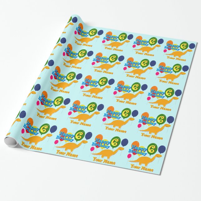 Personal Happy Birthday 6 Years Balloons Dinosaurs Wrapping Paper (Unrolled)