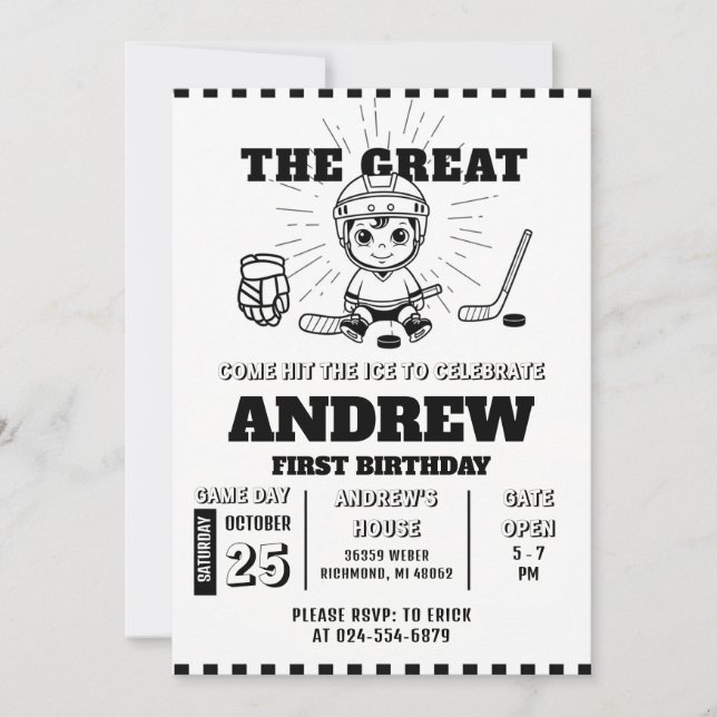 Personal Hockey Theme First Birthday Invitation (Front)