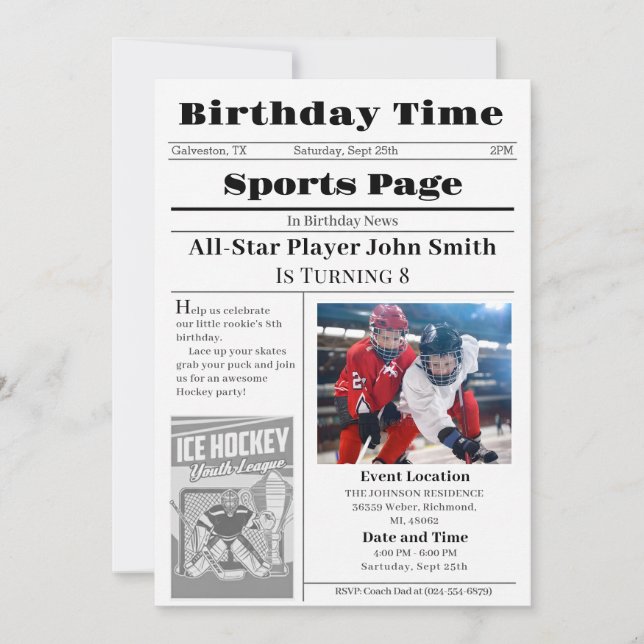 Personal Ice Hockey Birthday Invitation With Photo (Front)