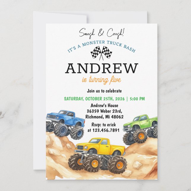 Personal kids Monster Truck Birthday  Invitation (Front)