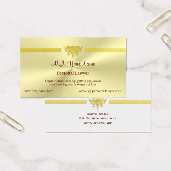 Personal Lawyer and golden justice logo Business Card