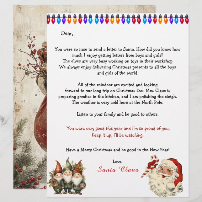 Personal Letter From Santa Claus Lights Elves (Front/Back)
