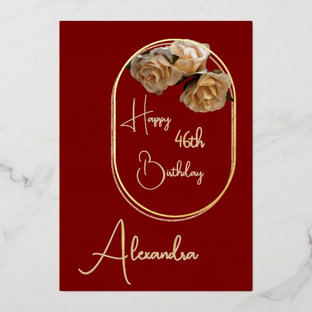 Personal Maroon & Gold Named & Aged Birthday Card (Front)