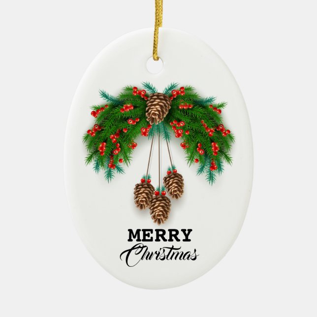 Personal Merry Christmas Wreath Ceramic Ornament (Front)