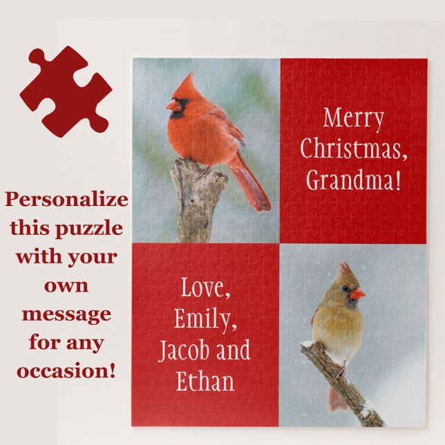 Personal Message Cardinal Birds Red Christmas Jigsaw Puzzle (Personalize this beautiful cardinal birds jigsaw puzzle for a great gift!)