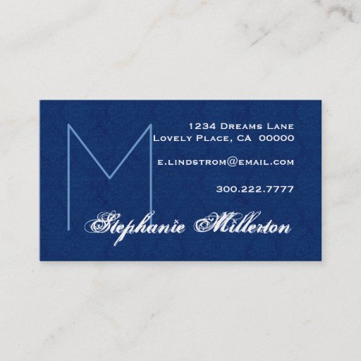 Customizable Personal Midight Blue Monogram and Damask Business Card Template