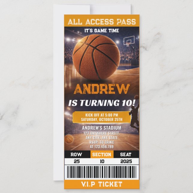 Personal Modern Basketball Party Ticket Birthday Invitation (Front)