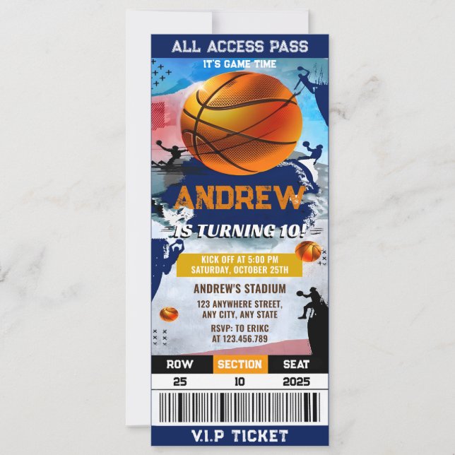 Personal Modern Basketball Party Ticket Birthday Invitation (Front)