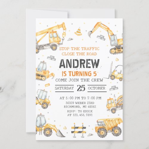 Personal Modern Construction Birthday Party Invitation