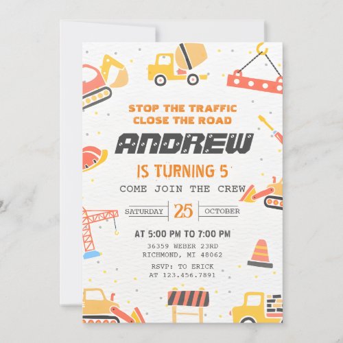 Personal Modern Construction Boys Birthday Party  Invitation
