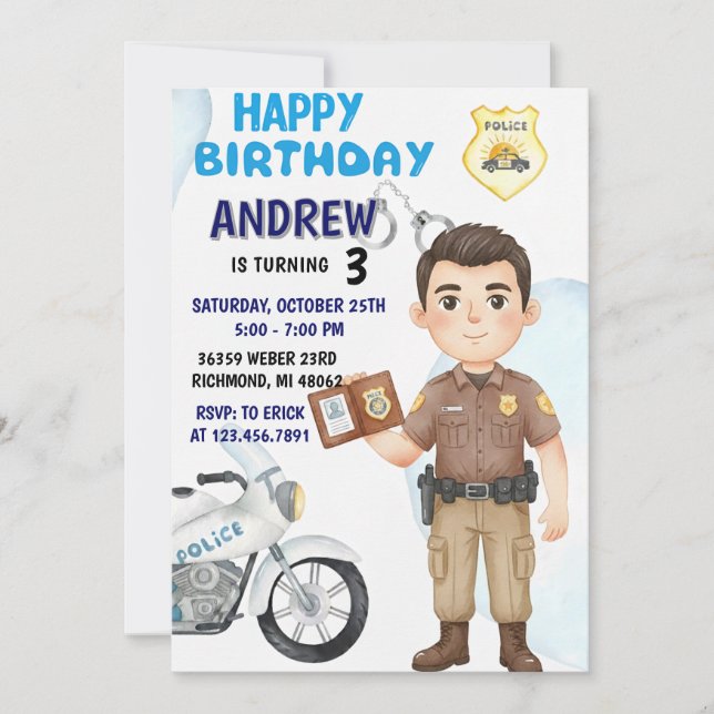 Personal Modern Cop Party birthday invitation (Front)