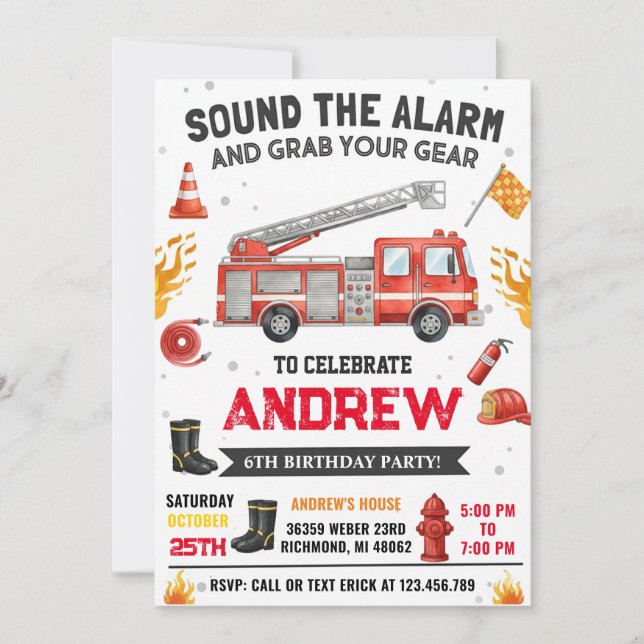Personal Modern Kids' Fire truck Birthday Party  Invitation (Front)