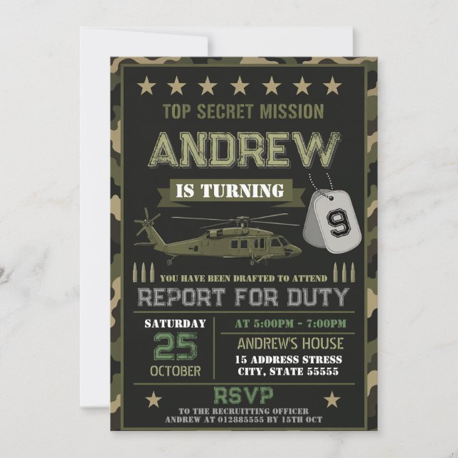 Personal modern Military birthday Invitation (Front)