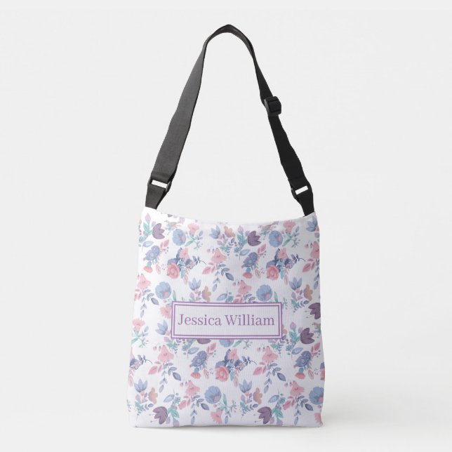 Personal Modern Watercolor Blue Hydrangeas Floral Crossbody Bag (Front)