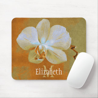 Personal Monogram White Orchid Golden Green Back Mouse Pad