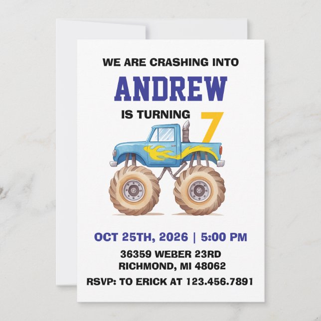 Personal Monster Truck Birthday Party for Boys Invitation (Front)