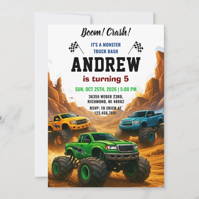 Personal Monster Truck Party Birthday for kid Invitation (Front)