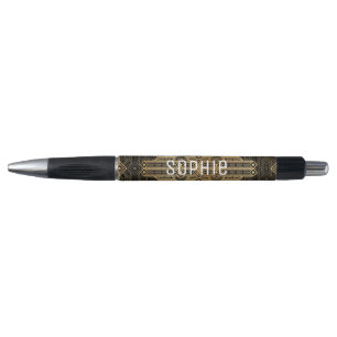 Personal name art deco black and gold pen