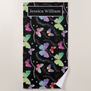 Personal Name Elegant Purple Bright Butterflies Beach Towel