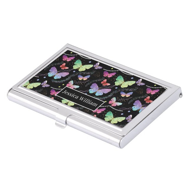 Personal Name Elegant Purple Bright Butterflies Business Card Case (Front)
