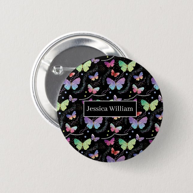 Personal Name Elegant Purple Bright Butterflies   Button (Front & Back)