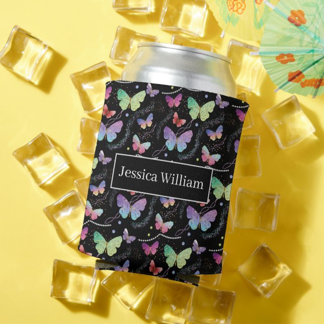 Personal Name Elegant Purple Bright Butterflies  Can Cooler (In Situ Summer)