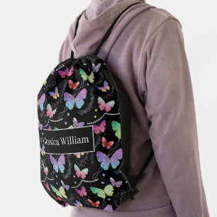 Personal Name Elegant Purple Bright Butterflies Drawstring Bag