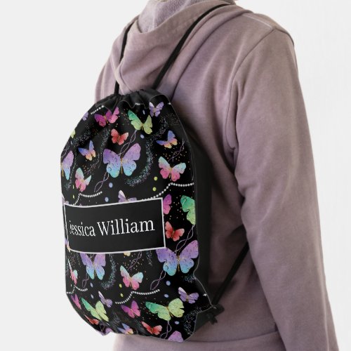 Personal Name Elegant Purple Bright Butterflies  Drawstring Bag