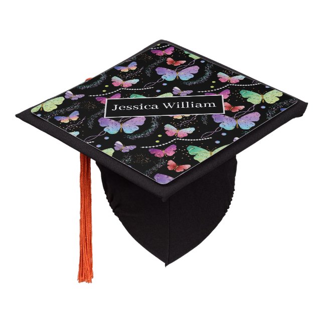 Personal Name Elegant Purple Bright Butterflies  Graduation Cap Topper (Angled)