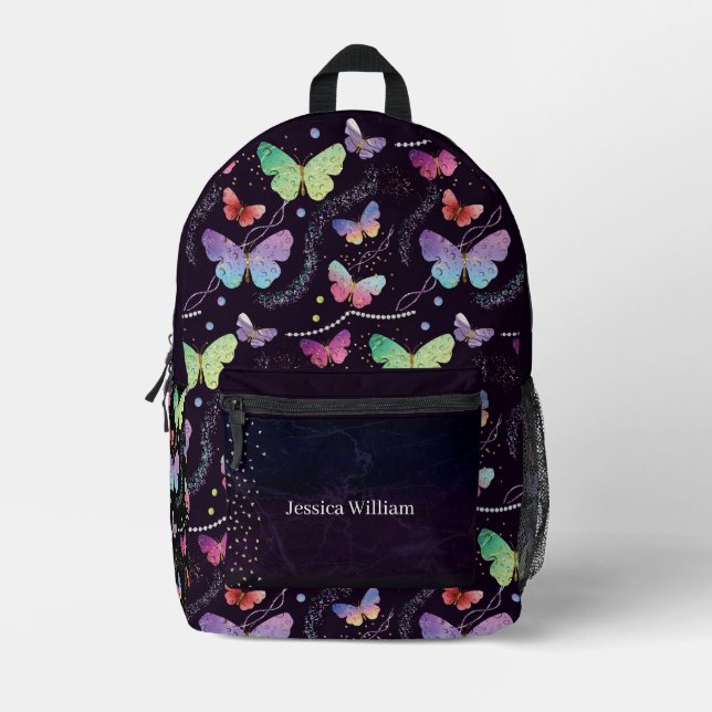 Personal Name Elegant Purple Bright Butterflies   Printed Backpack (Front)