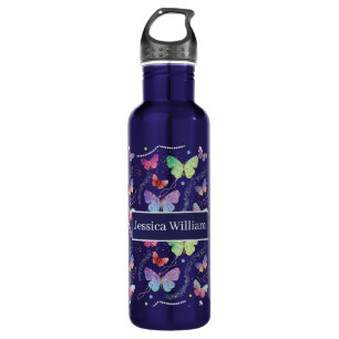 Personal Name Elegant Purple Bright Butterflies  Stainless Steel Water Bottle
