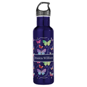 Personal Name Elegant Purple Bright Butterflies  Stainless Steel Water Bottle