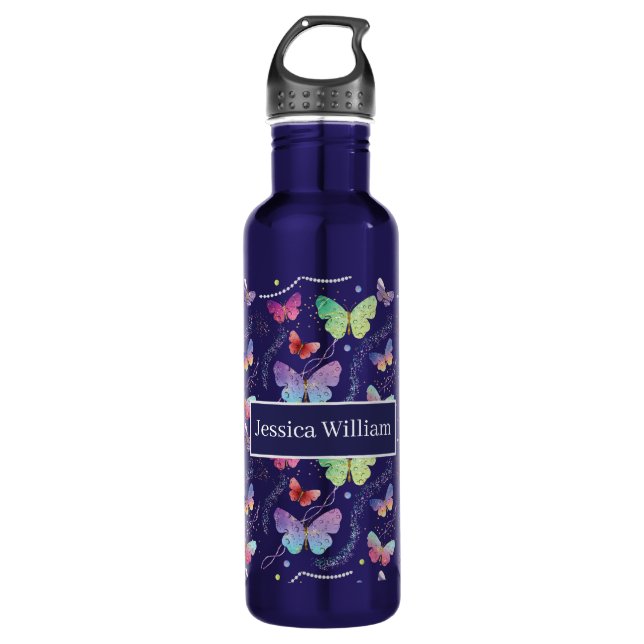 Personal Name Elegant Purple Bright Butterflies  Stainless Steel Water Bottle (Front)