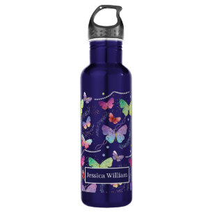 Personal Name Elegant Purple Bright Butterflies  Stainless Steel Water Bottle