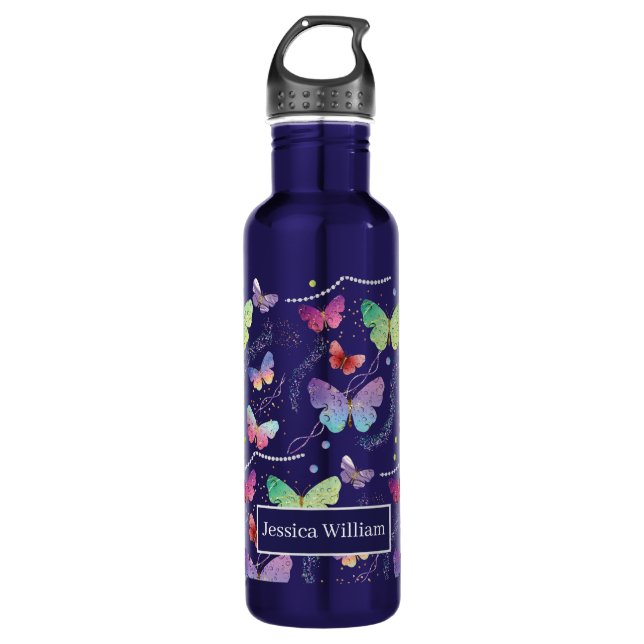 Personal Name Elegant Purple Bright Butterflies  Stainless Steel Water Bottle (Front)