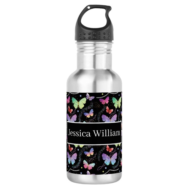 Personal Name Elegant Purple Bright Butterflies  Stainless Steel Water Bottle (Front)