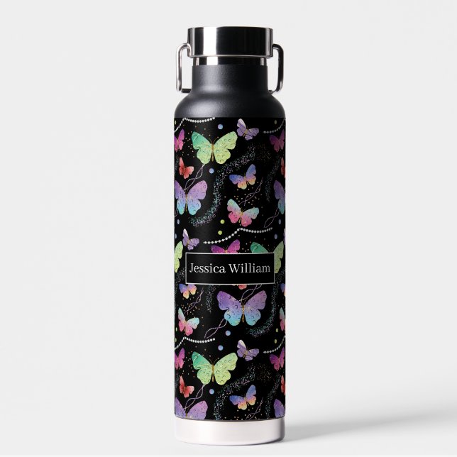 Personal Name Elegant Purple Bright Butterflies  Water Bottle (Front)
