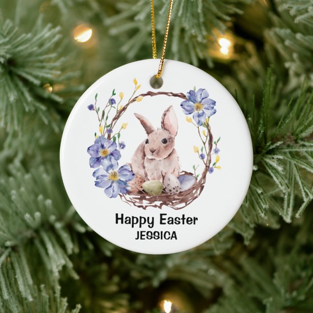 Personal Name Funny Bunny Happy Easter   Ceramic Ornament (Tree)
