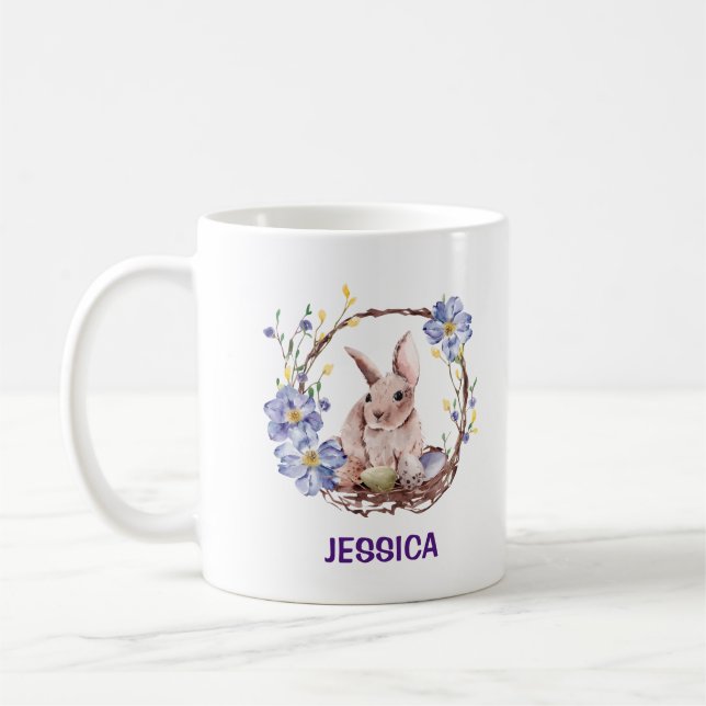 Personal Name Funny Bunny Happy Easter Coffee Mug (Left)