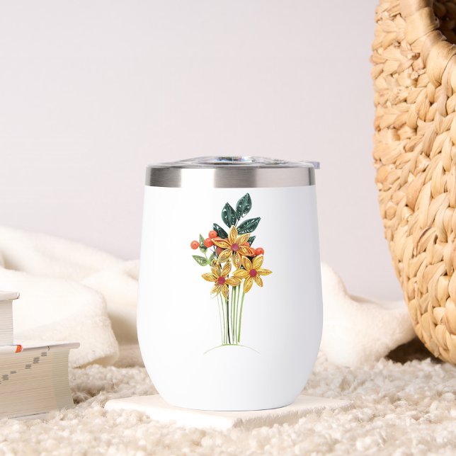 Personal Name, Paper Quilled Flowers 11oz White Thermal Wine Tumbler (Creator Uploaded)