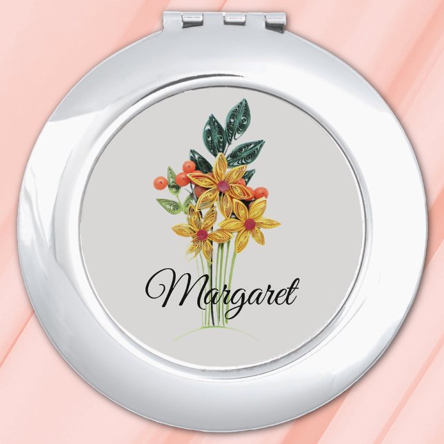 Personal Name, Paper Quilled Flowers Print Round Compact Mirror (Creator Uploaded)