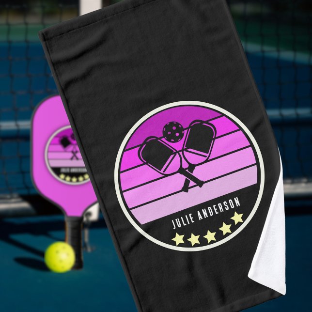 Personal Name Pink Pickleball Paddle Black Hand Towel (Creator Uploaded)