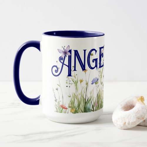 Personal name watercolor wildflower butterfly blue mug