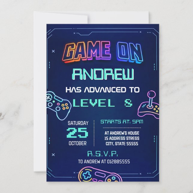 Personal Neon Video Game Birthday Invitation (Front)