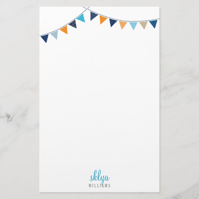 PERSONAL NOTE cute bright bunting blue orange Stationery (Front)