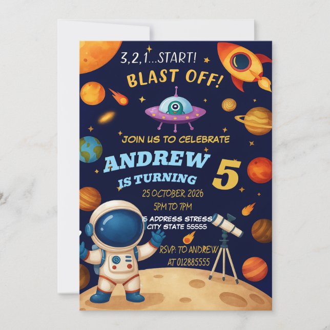 Personal Outer Space Galaxy Blast Off birthday Invitation (Front)