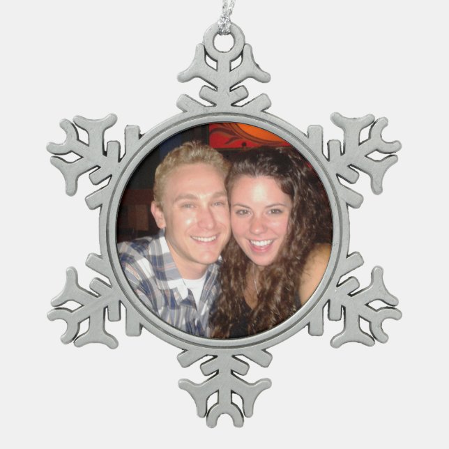 Personal Photo Pewter Snowflake Christmas Ornament (Front)