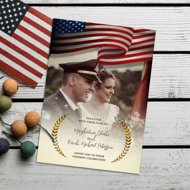 Personal Photo | USA Flag | Laurel Leaves Wedding Invitation (Creator Uploaded)