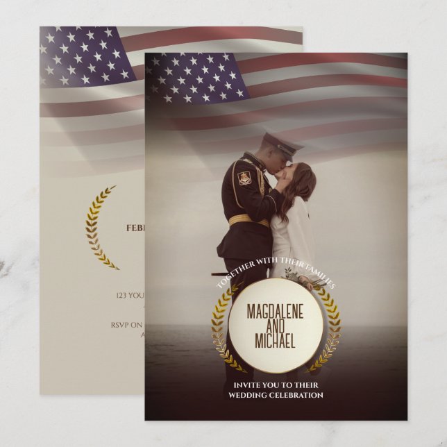 Personal Photo | USA Flag | Laurel Leaves Wedding Invitation (Front/Back)