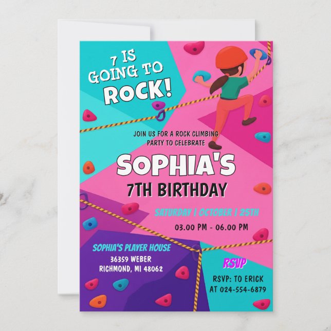 Personal Pink Rock Climbing Birthday Invitation (Front)